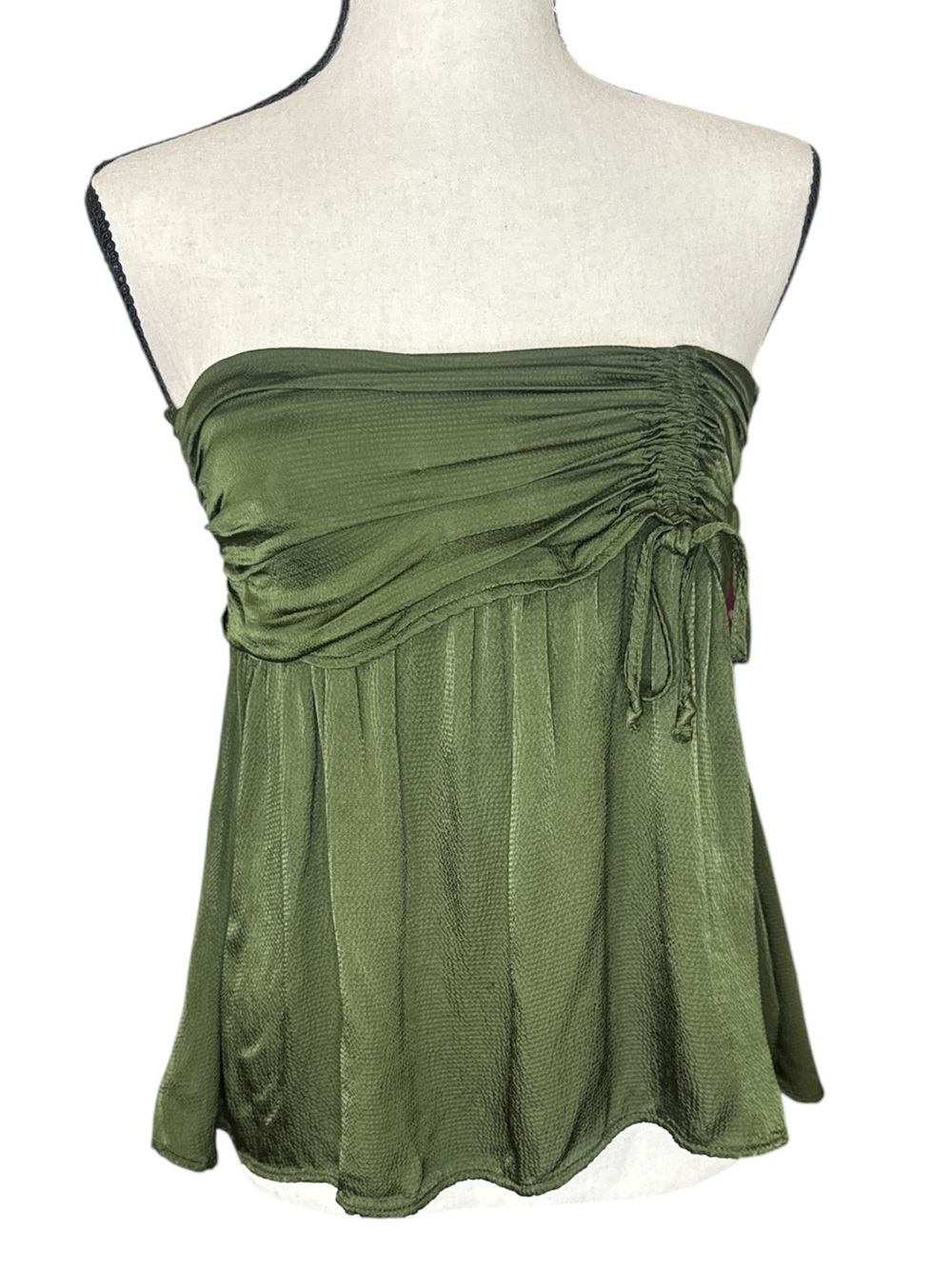 Aerie Olive Green Strapless Ruched Babydoll Tube Top Size Small Petite (S/P) - Picture 2 of 4
